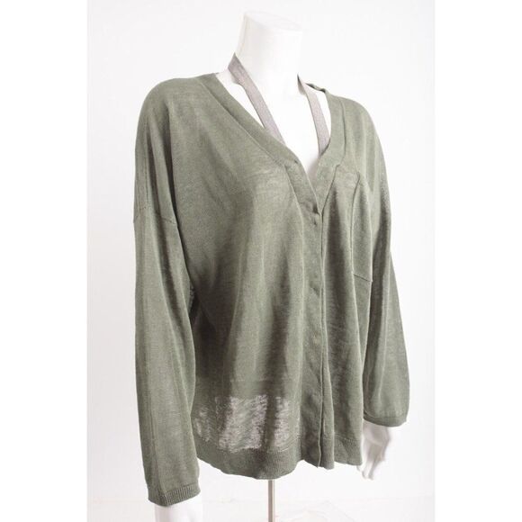 Brunello Cucinelli Womens Green Cardigan Sweater Embellished Collar M Linen NWT - Picture 2 of 6